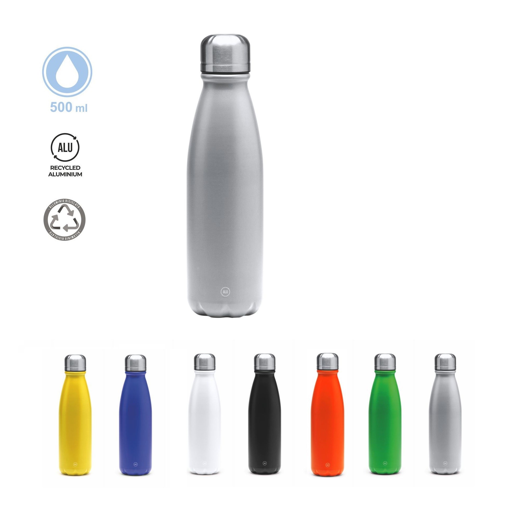 Borraccia In Alluminio 500 Ml Con Moschettone, Da Sport, Colore Nero, Misure 6,5x21 Cm